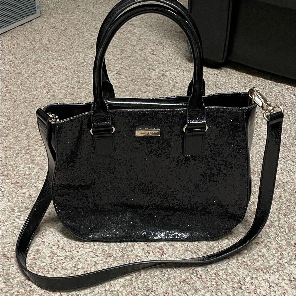 Kate spade glitter Patent Leather Black  purse With long removable Strap- new
